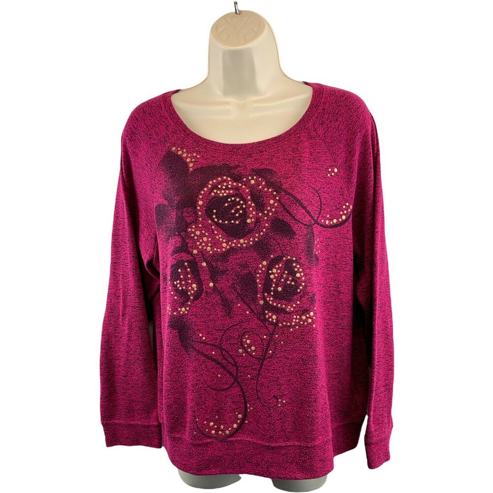 Hybrid Apparel Womens Sweatshirt Sz XXL Long Sleeve Floral Embellished Rose Red